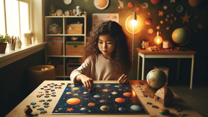 Child Engaged with Space-Themed Puzzle